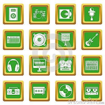 Recording studio items icons set green Vector Illustration