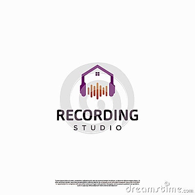 recording studio logo design, house with earphone logo, house with spectrum audio logo modern icon Vector Illustration