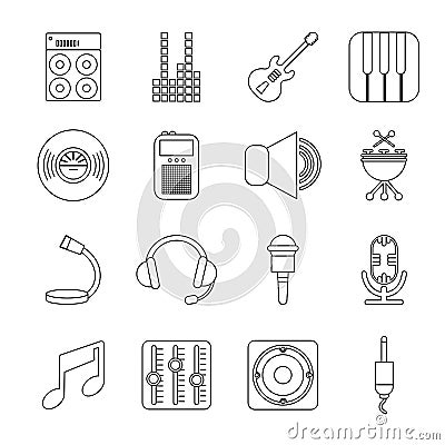 Recording studio symbols icons set, outline style Vector Illustration