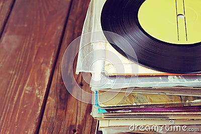 Records stack and old record. vintage filtered Stock Photo
