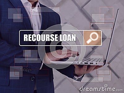 RECOURSE LOAN text in search line. Businessman looking for something at computer Stock Photo