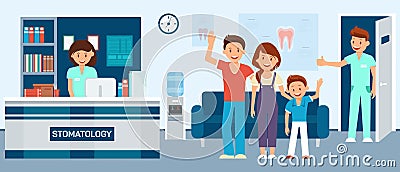 Recovered family after dental treatment in waiting room at dentist. Vector Illustration