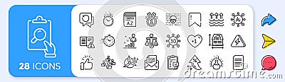 Recovery data, Mail correspondence and Chemistry experiment line icons. For web app, printing. App line icons. Vector Vector Illustration