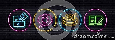 Recovery data, Puzzle and 360 degrees minimal line icons. For web application, printing. Neon laser 3d lights. Vector Vector Illustration