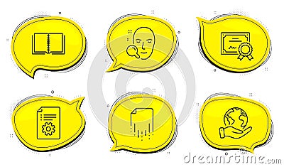 Recovery file, Book and Technical documentation icons set. Face search sign. Vector Vector Illustration