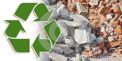 Recovery and recycling of concrete and brick rubble debris on construction site after a demolition of a brick building Stock Photo