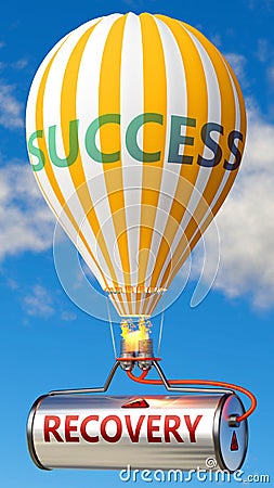 Recovery and success - shown as word Recovery on a fuel tank and a balloon, to symbolize that Recovery contribute to success in Cartoon Illustration