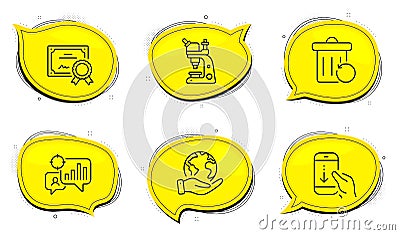 Recovery trash, Seo statistics and Microscope icons set. Scroll down sign. Vector Vector Illustration