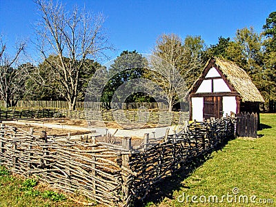 Recreated historical cottage and garden at Charles Towne Landing State Historic Site in Charleston, South Carolina Stock Photo