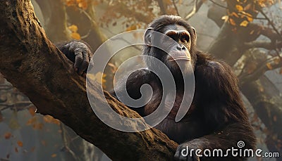 Recreation of a bipedal hominid walking in a tree Stock Photo