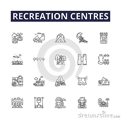 Recreation centres line vector icons and signs. Centres, Parks, Playgrounds, Amusement, Leisure, Gyms, Outdoors Vector Illustration