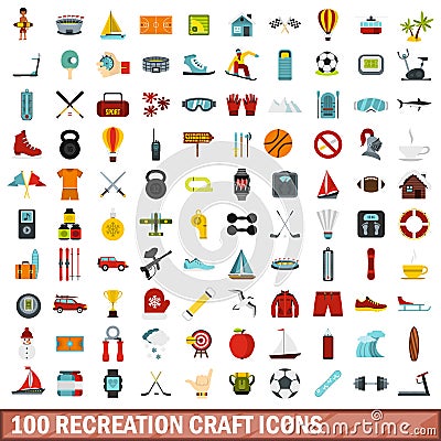 100 recreation craft icons set, flat style Vector Illustration