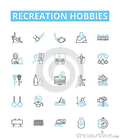 Recreation hobbies vector line icons set. Sports, Games, Camping, Fishing, Cooking, Biking, Hiking illustration outline Cartoon Illustration