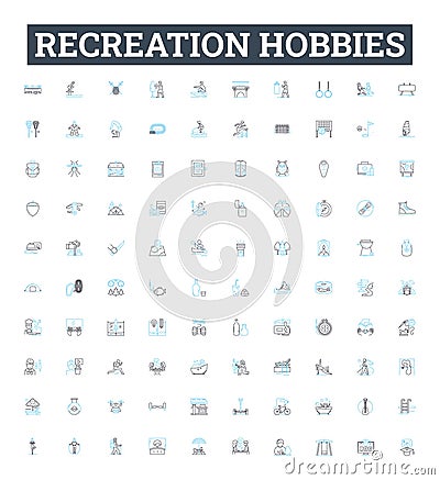 Recreation hobbies vector line icons set. Sports, Games, Camping, Fishing, Cooking, Biking, Hiking illustration outline Vector Illustration
