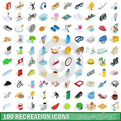 100 recreation icons set, isometric 3d style Vector Illustration