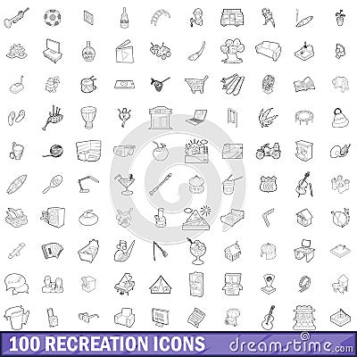 100 recreation icons set, outline style Vector Illustration