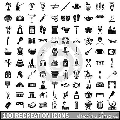 100 recreation icons set, simple style Vector Illustration