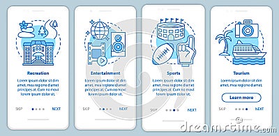 Recreation industries blue onboarding mobile app page screen with linear concepts. Sports, tourism, entertainment Vector Illustration