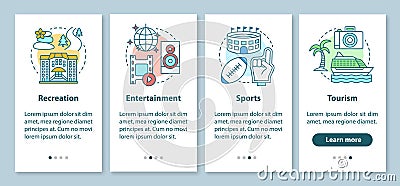 Recreation industries onboarding mobile app page screen with linear concepts. Sports, tourism, entertainment walkthrough Vector Illustration