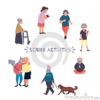 Recreation and leisure senior activities concept. Group of active old people. Elder people vector background. Cartoon Vector Illustration