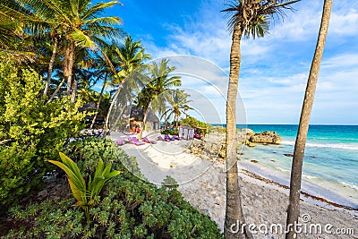 Recreation at paradise beach resort with turquoise waters of Caribbean Sea at Tulum, close to Cancun, Riviera Maya, tropical Stock Photo