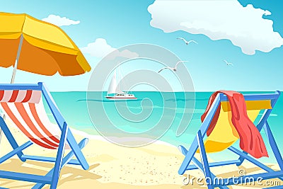 Recreation, relaxing on the beach, loungers for couples Vector Illustration