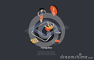 Recreation, Spending Time Together Concept. Characters Young Boy And Girl, Brother And Sister Bouncing on Trampoline Vector Illustration