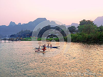 Recreation.Tourist kayaking and tubing along the river Stock Photo