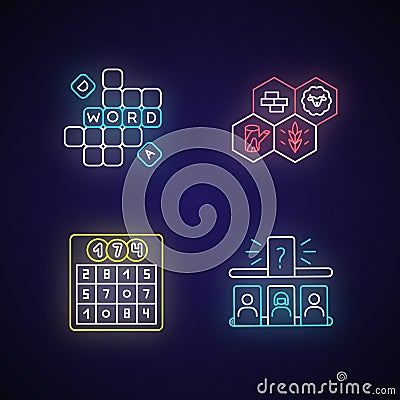 Recreational games neon light icons set Vector Illustration