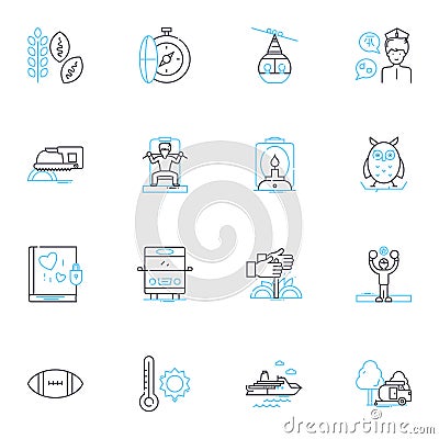 Recreational pursuits linear icons set. Adventure, Hiking, Fishing, Camping, Boating, Swimming, Skiing line vector and Vector Illustration