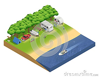 Recreational Vehicles On Beach Isometric Composition Vector Illustration