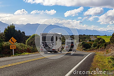 Recreational vehicles heading to Fiordland, New Zealand Stock Photo
