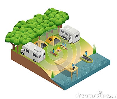 Recreational Vehicles At Lake Isometric Composition Vector Illustration