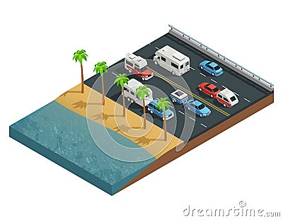 Recreational Vehicles On Road Isometric Composition Vector Illustration