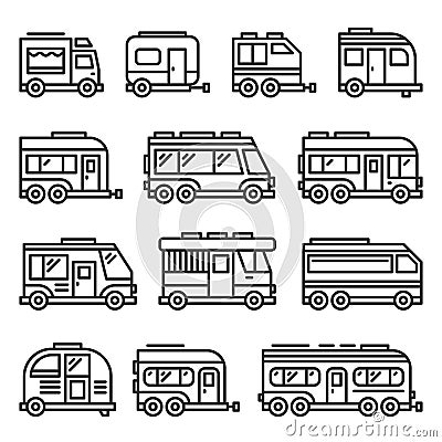 Recreational Vehicles RV Camper Vans Icons Set on White Background. Line Style Vector Vector Illustration
