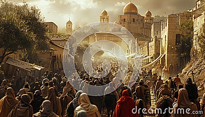 Recreation of peoplem walking to a ancient Jerusalem Stock Photo