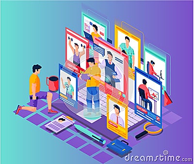 Recruiter man is looking for employees. Job agency, candidates and salaries different professions Stock Photo