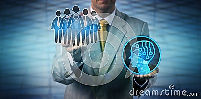 Recruiter Raising White Collar Team Above AI App Stock Photo