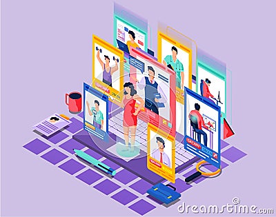 Recruiter woman is looking for employees. Job agency, candidates and salaries different professions Stock Photo