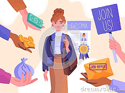 Recruiters offer money to a young woman Vector Illustration