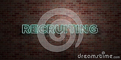 RECRUITING - fluorescent Neon tube Sign on brickwork - Front view - 3D rendered royalty free stock picture Stock Photo