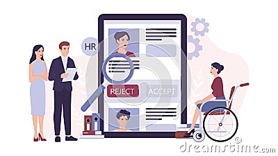 Recruitment ableism concept. HR specialist reject an young disabled Vector Illustration