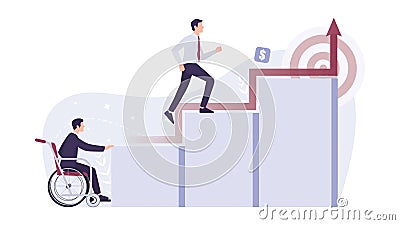 Recruitment ableism concept. Young disabled businessman can`t Vector Illustration