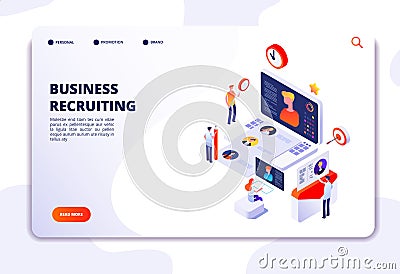 Recruitment agency landing pad. Human resources online recruitment and hiring 3d isometric vector concept Vector Illustration