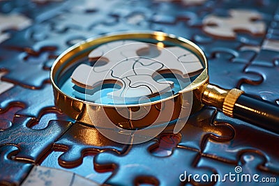 Recruitment concept magnifying glass zooms in on missing puzzle piece Stock Photo