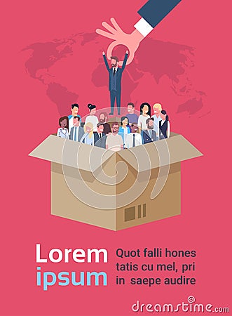 Recruitment Hand Picking Man From Box Of Business People Over World Map Background Human Resources And Vacancy Concept Vector Illustration