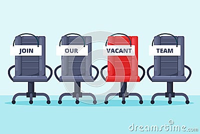 Recruitment, hiring concept. Grey and red office chairs with join our team words. Vacancy job vector flat illustration. Vector Illustration