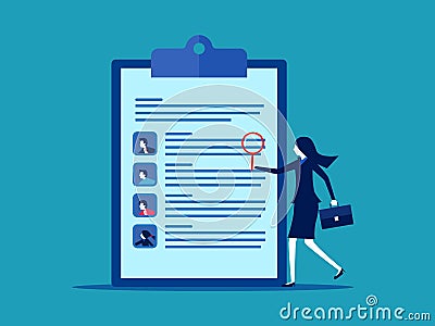 Recruitment. Human Resources Department. businesswoman with magnifying glass to select resume Vector Illustration