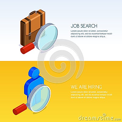Recruitment, human resources, job seeking. Vector banner with 3d isometric illustration of magnifier, briefcase and man. Vector Illustration