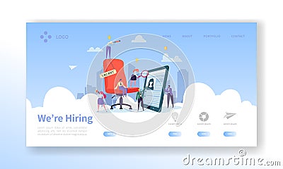 Recruitment, Job Interview Concept Landing Page. Vacancy Flat People Characters HR Managers Website Template. Easy Edit Vector Illustration